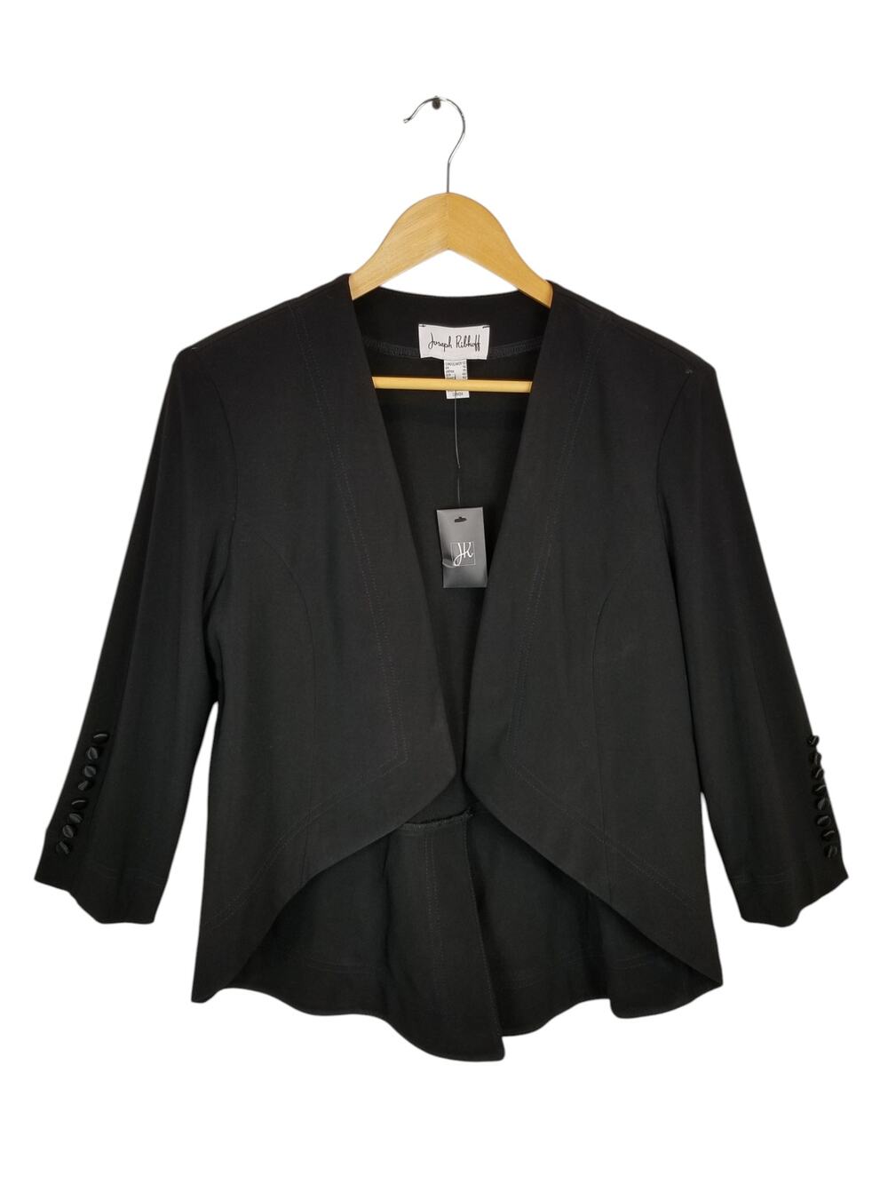 Joseph Ribkoff Womens Black Open Front 3/4 Sleeve Stretch Knit Jacket Blazer 12